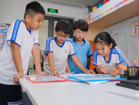 Nhom hoc sinh cung lam mo hinh poster project board
